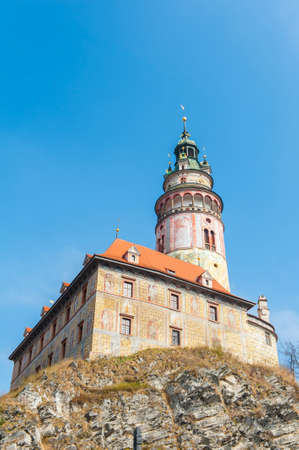 Famous round tower in historical city of Cesky Krumlov (Unesco Heritage), Czech Republicのeditorial素材