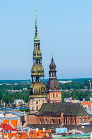 View at St. Peter's Church in Riga city from above, Latviaの写真素材