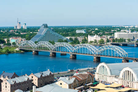 View at Riga Railway Bridge city from above, Latviaの写真素材