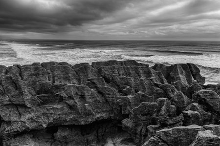 Detail of pancake rock in Punakaiki, Paparoa national park, New Zealand. Black and white