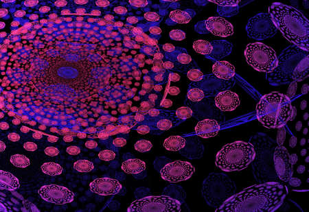 Beautiful abstract fractal background of flying infinite purple discs on a black background