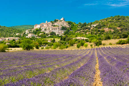 Small but beautiful old town of Simiane la Rotonde with a lavender field in front of it, Provence - Franceの写真素材