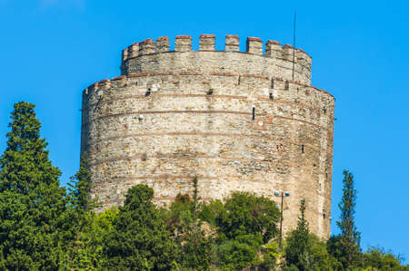 Tower of ancient medieval castle Rumeli Hisari built on a hill above a Bosphorus in Istanbul in Turkey. The fortress was constructed by Ottoman Turks in 15th century before the siege of Byzantine capital Constantinopleのeditorial素材