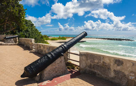 Needham's Point is a medieval fortification with cannons on the tropical Caribbean island of Barbadosの写真素材