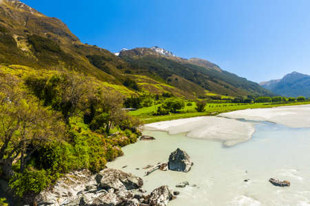 Beautiful lake Wakatipu with mighty mountains at Glenorchy. Otago region, New Zealand