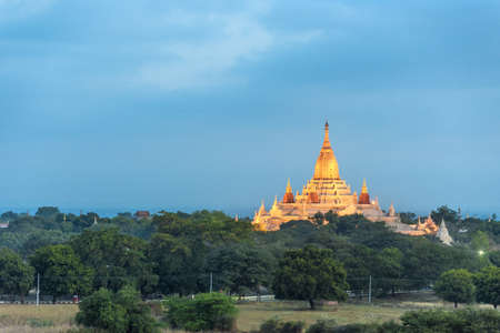 Night picture of Ananda temple, majestic buddhist shrine from 12th century seen from above. Bagan, Myanmar.の写真素材