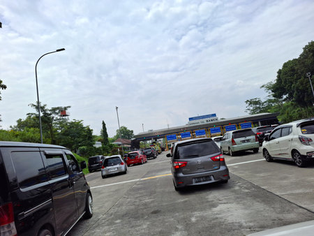 View of the exit toll road crowds during the Christmas and New Year holidays, Trans Java Toll Road (Exit Tol Bawen Trans Jawa) in Central Java, Indonesia.25 December 2024の写真素材