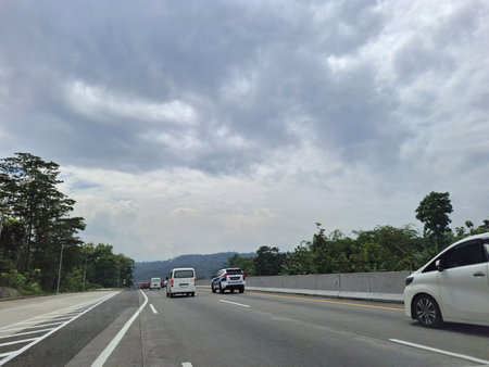 View of the toll road crowds during the Christmas and New Year holidays, (Jalan Tol Trans Jawa, Semarang - Bawen) in Central Java, Indonesia.26 December 2024の写真素材