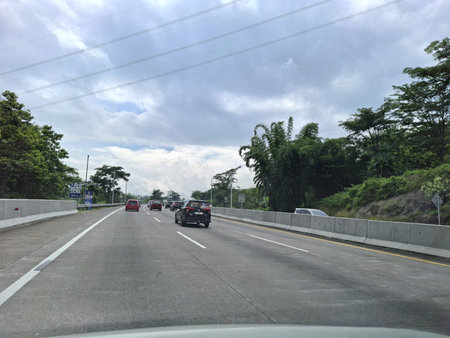 View of the toll road crowds during the Christmas and New Year holidays, Trans Java Toll Road (Jalan Tol Trans Jawa, Semarang - Bawen) in Central Java, Indonesia.26 December 2024の写真素材