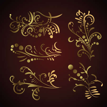 Victorian set of golden ornate page decor elements like banners, frames, dividers, ornaments and patterns on dark background. Gold calligraphic swirl elementsのイラスト素材