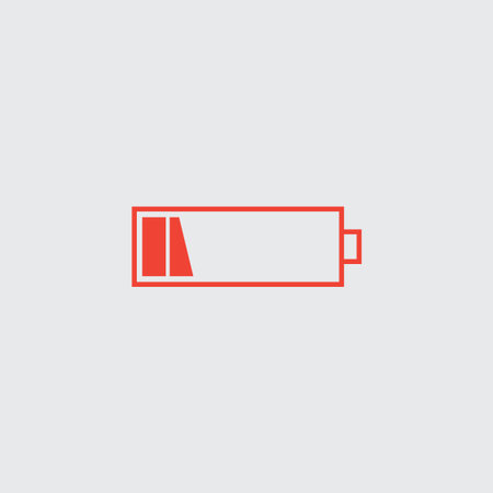 Battery low vector icon. Red isolated symbol on a white.