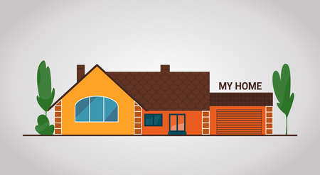 Vector House. Flat townhouse, cottage home, front view with terrace, roof, isolated on white. Real Estate element. Modern isometric icon or infographic element buildingのイラスト素材