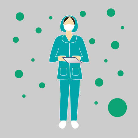 Woman doctor. Vector illustration of a doctor with virus icons background. Illustrations concept coronavirus COVID-19.のイラスト素材