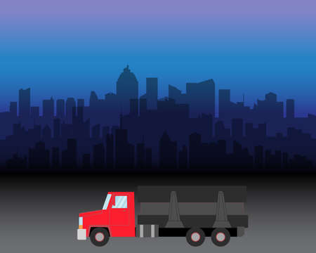 Vector Illustration of delivery truck on the city silhouette. Transportation for shipping and freight goods.のイラスト素材
