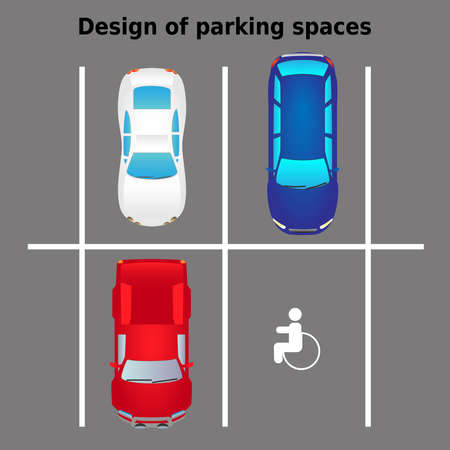 Top view city car parking vector illustration. Different cars in flat style. Parking zone.のイラスト素材