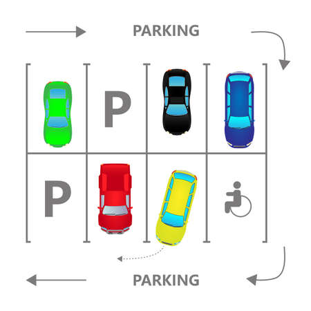 Top view city car parking vector illustration. Different cars in flat style. Parking zone.のイラスト素材
