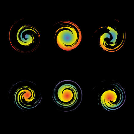 Creative Swirl Vector Symbols are similar to the image of hurricane cyclone wind, tropical typhoon, spiral storm, tornado on a climate map. Set of color grunge curl  isolated on black. Abstract concept graphic element.のイラスト素材