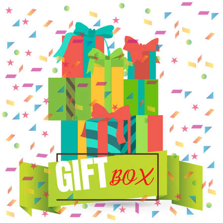 Vector banner with gift boxes and confetti. Holiday colored present with ribbon bows, wrapping gifts. Surprise element, winter sale, discounts design symbolのイラスト素材