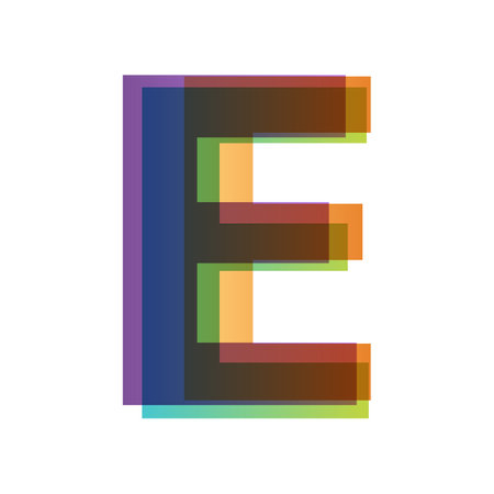 Letter E in overlay color transparency style isolated on white background. Alphabet folded from different retro colors. Jpeg illustration.の写真素材