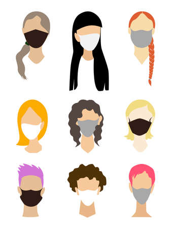 Woman face collection without eyes with a medical mask. Vector young girls avatar set with different hair style. Flat concept to prevent virusのイラスト素材