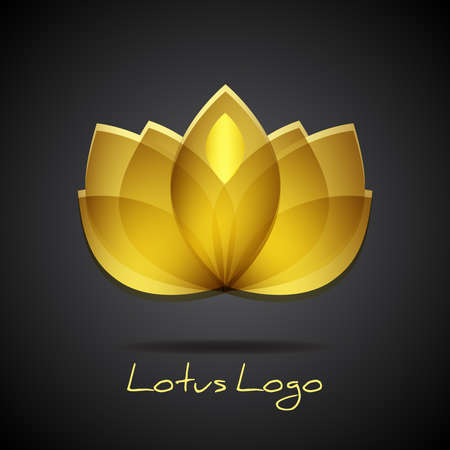 Golden lotus on black background. Vector floral logotype template of beauty salon. Flower blossom symbol of yoga, spa designのイラスト素材