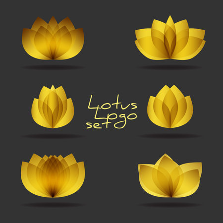 Golden lotus logos set on black background. Vector gold floral logotypes template of beauty salon. Flower blossom symbols collection of yoga or spaのイラスト素材