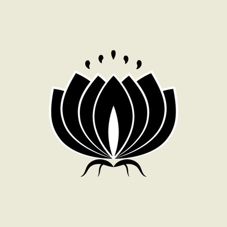 Black lotus silhouette with white contour and decor. Water lily icon, isolated flower symbol for design. Simple vector illustrationのイラスト素材