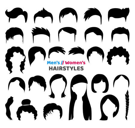 Big black hair silhouettes collection of fashionable haircuts or hairstyles for mens or girls, isolated on white background. Fashion hand drawn vector illustrationのイラスト素材