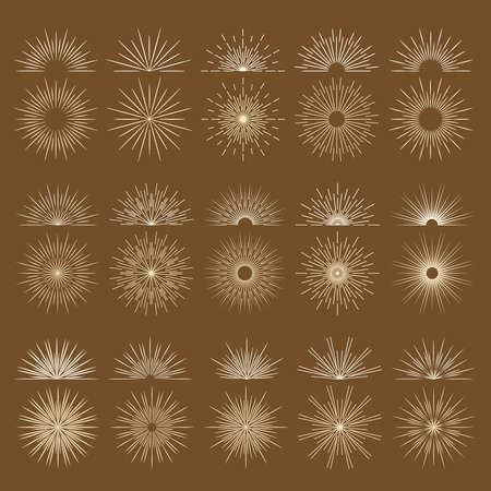 Vintage bursting rays firework flat icons set. Graphic symbols half sun sunset spark starburst explosion. Vector retro design elements sunrise light burst line sunshine sunbeamのイラスト素材