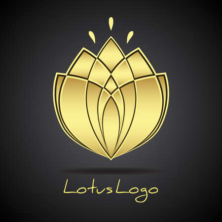 Golden lotus logo. Natural brand style of spa, cosmetics or beauty salon. Design flower symbol on black background. Vector organic floral emblem templateのイラスト素材