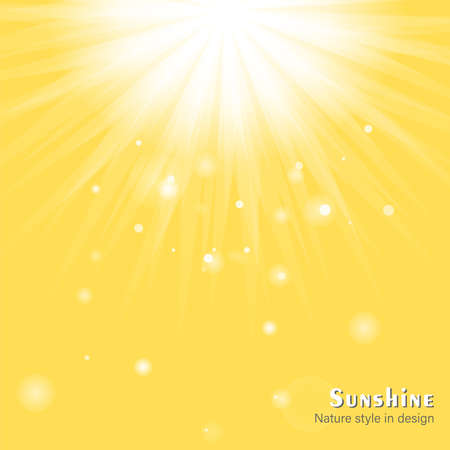Dazzling sunshine sun rays with bokeh on yellow background. Beautiful sunny banner with sunburst sunbeams. Abstract colorful template vector illustrationのイラスト素材