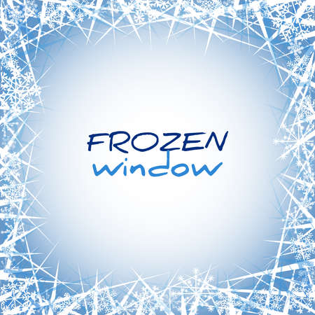 Winter frozen window. Ice design decorative frame. Vector illustration snowflake, snow crystal texture border. Holidays greeting invitation with grunge patternのイラスト素材