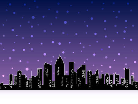 Urban Snowy cityscape jpeg illustration. Winter Night city silhouette greeting line card, office buildings in falling snowflakes skyの写真素材