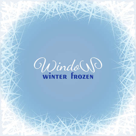 Winter frozen window. White ice lines design decorative frame. Vector illustration snow crystal texture border. Holidays greeting invitation with grunge patternの写真素材