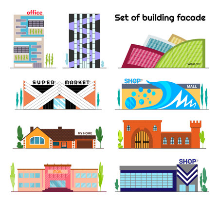 Building facade in flat style on white background. Vector city isolated symbols store and shop, home and office. Town icons of commercial architecture, old and modern buildingsのイラスト素材