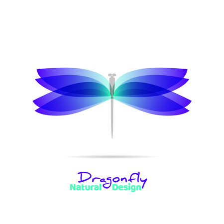Dragonfly flat icon with soft transition colors wings. Abstract bright logo template. Vector design wildlife illustrationのイラスト素材