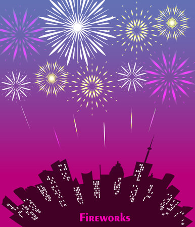 City skyline with festive fireworks. Glowing light over the city. Vector holiday cityscape backgroundのイラスト素材