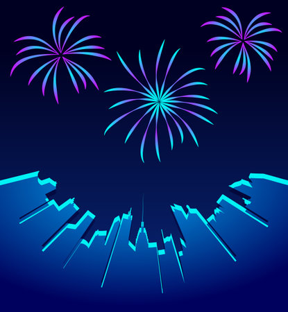 City skyline with festive fireworks. Glowing light over the city. Vector holiday cityscape backgroundのイラスト素材