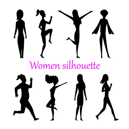 Women silhouette set. Isolated vector collection of girls in various poses, forms and positionsのイラスト素材