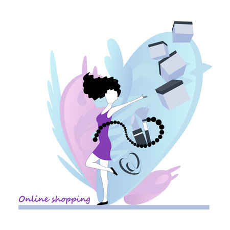 Woman buy things in the online store, virtual shopping ecommerce customer service concept. Shoppers buying on internet in social networks sale poster. Vectorのイラスト素材