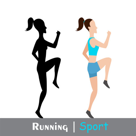 Running woman and her silhouette. Active people, fitness, sports movement. Side view. Vector flat designのイラスト素材