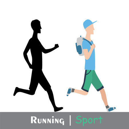 Running man and his silhouette. Active people, fitness, sports movement. Side view. Vector in flat designのイラスト素材