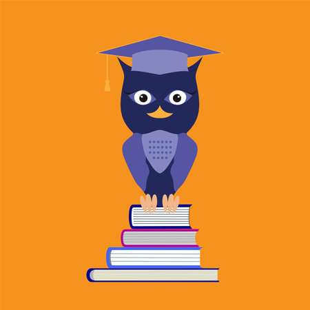 Wise owl in graduation cap sitting on a pile of books. Vector owl cartoon character in master hat. Back to school illustrationのイラスト素材