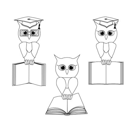 Sketch owls set in a graduate hat holds an open empty book in his paws. Vector outline owl character in black line flat styleのイラスト素材
