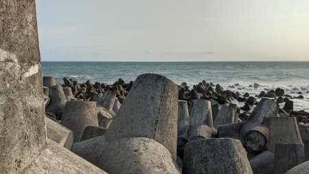 Breakwater on the coast of the Glagah beach, Kulon Progo, Yogyakarta, Indonesia.の写真素材