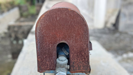 A closeup view of a rusty, metal valve cover. The cover is shaped like an arch and has a small...