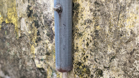 View of a metal pipe attached to a weathered wall. The pipe is rusted and shows signs of wear and...