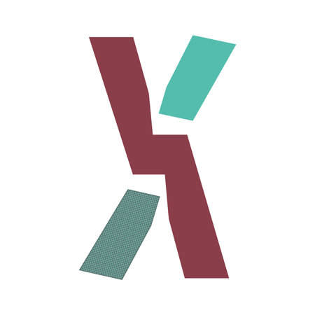 A stylized letter X with a maroon main body. Teal accents the upper arm, and a textured grey blue grid fills the lower arm.のイラスト素材