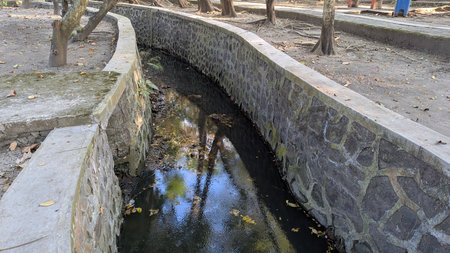 A narrow, stone-lined water channel with dark water reflecting trees, flowing through a dry, earthy park landscape under a clear sky.の写真素材
