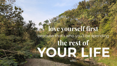 Text overlaid on a horizontal landscape of a calm river flowing through a lush, dense forest. The...
